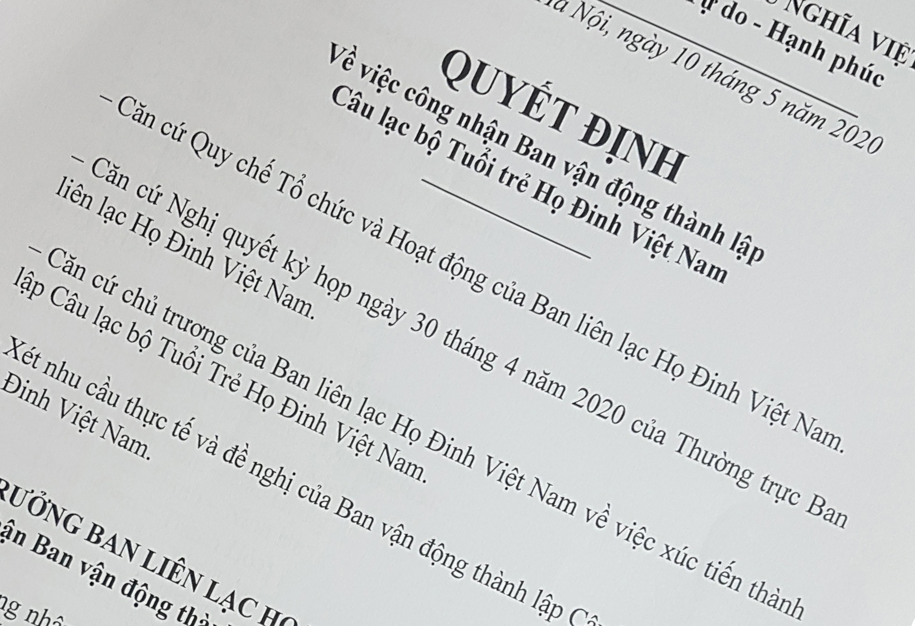 Quyết định công nhận Ban vận động thành lập Câu lạc bộ Tuổi trẻ Họ Đinh Việt Nam